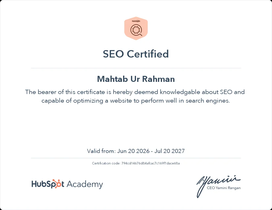HubSpot Academy SEO Certified certificate for Mahtab Ur Rahman, valid 20 June 2026 to 20 July 2027