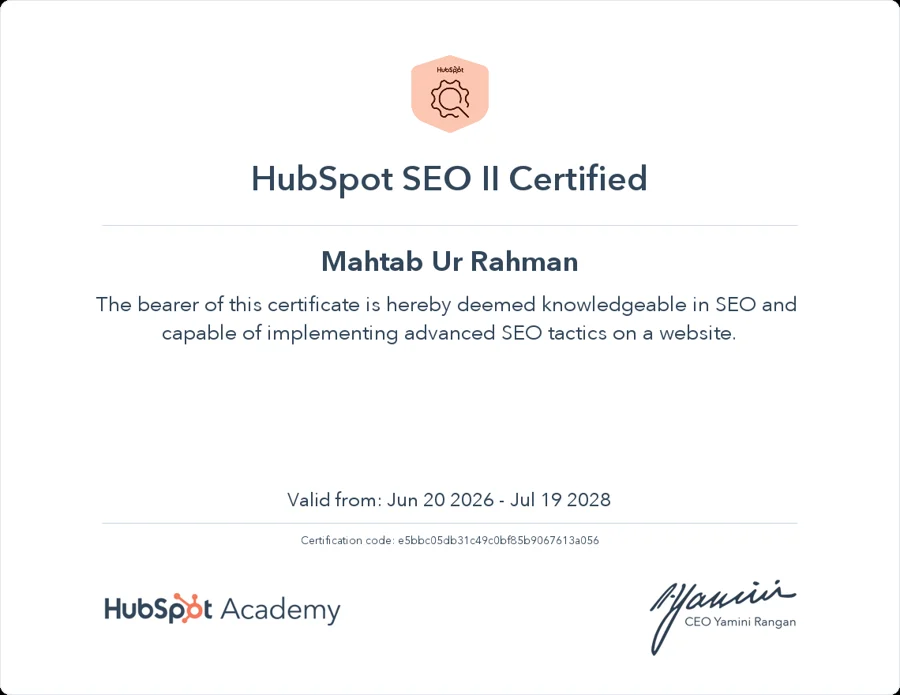 HubSpot Academy SEO II Certified certificate for Mahtab Ur Rahman, valid 20 June 2026 to 19 July 2028
